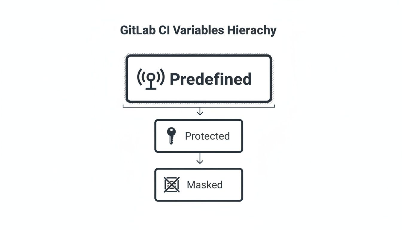 Flowchart illustrating the GitLab CI variables hierarchy, from Predefined to Protected then Masked.