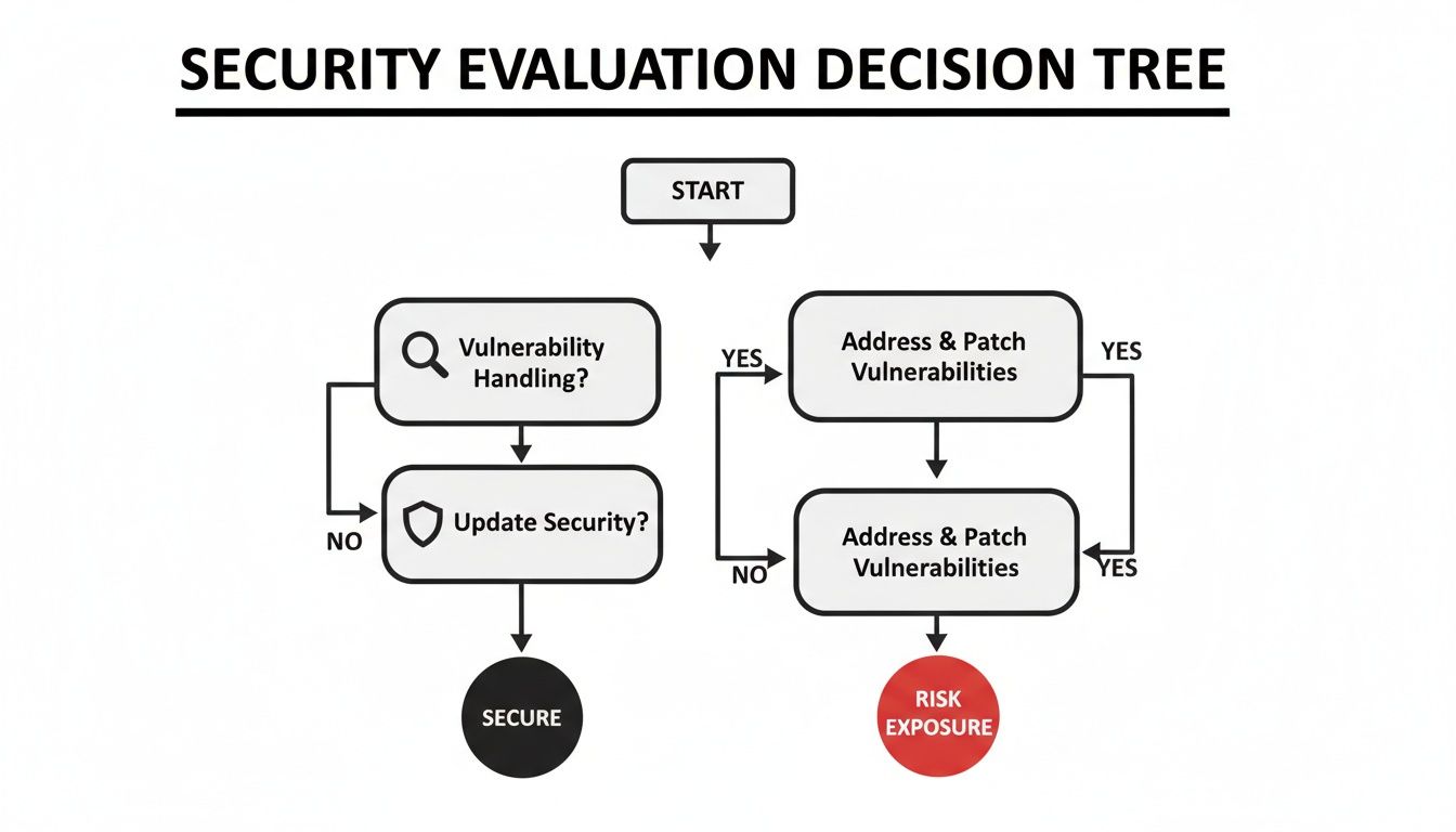 A security evaluation decision tree flowchart illustrates steps from start to secure or risk exposure.