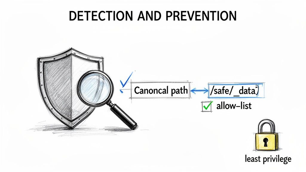 Diagram illustrating detection and prevention of path traversal using canonical paths, allow-lists, and least privilege.
