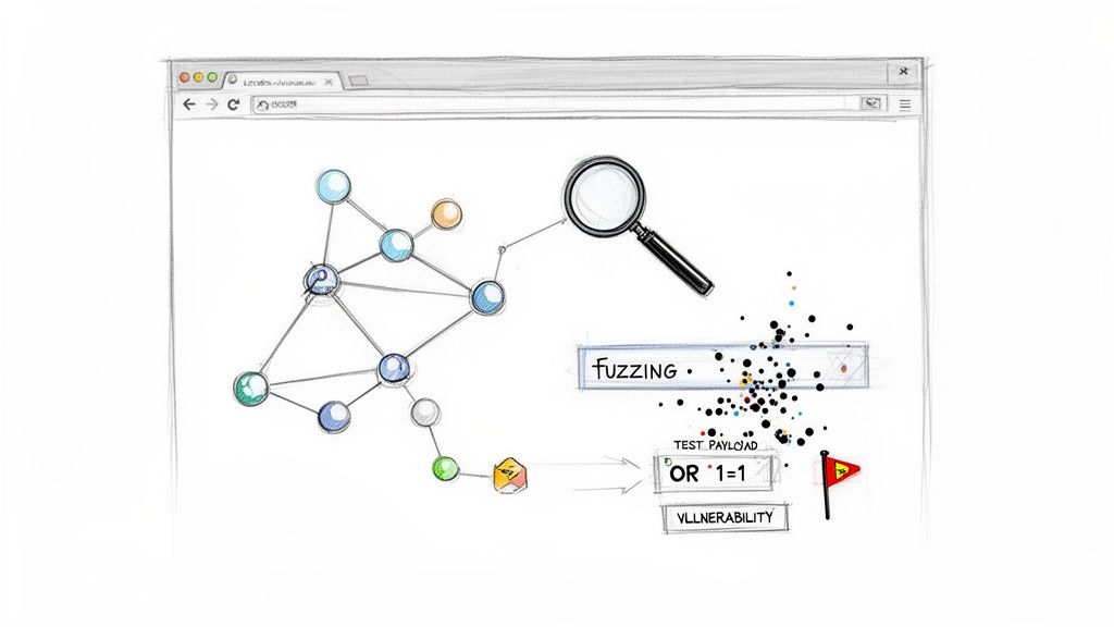 Illustration of dynamic application security testing, showing fuzzing data leading to a vulnerability.