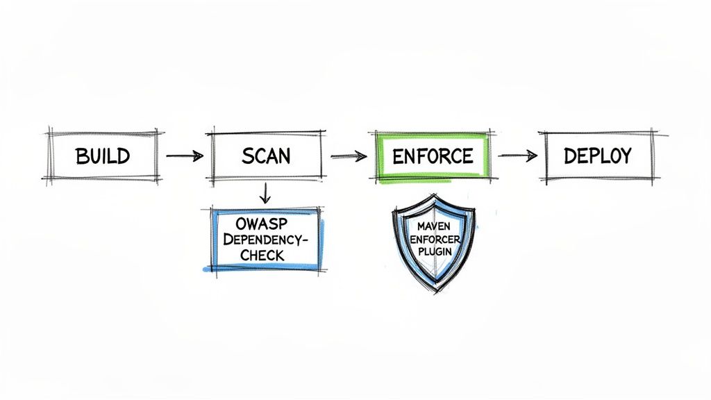 Workflow diagram illustrating dependency checking and enforcement in a software build pipeline.