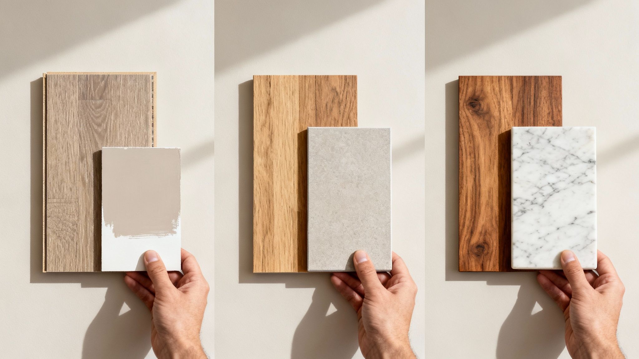 Manos sosteniendo muestras de diferentes materiales (madera, pintura, hormigón, mármol) para reforma de interiores.