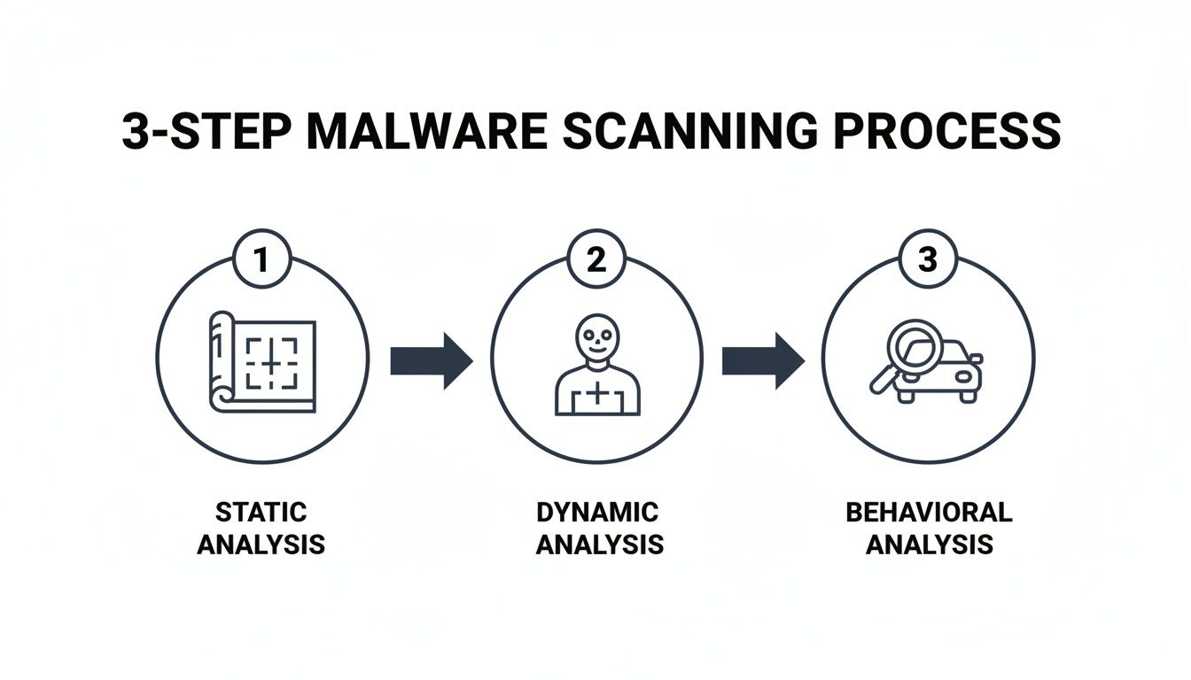 Diagram illustrating a 3-step malware scanning process: static, dynamic, and behavioral analysis with icons.
