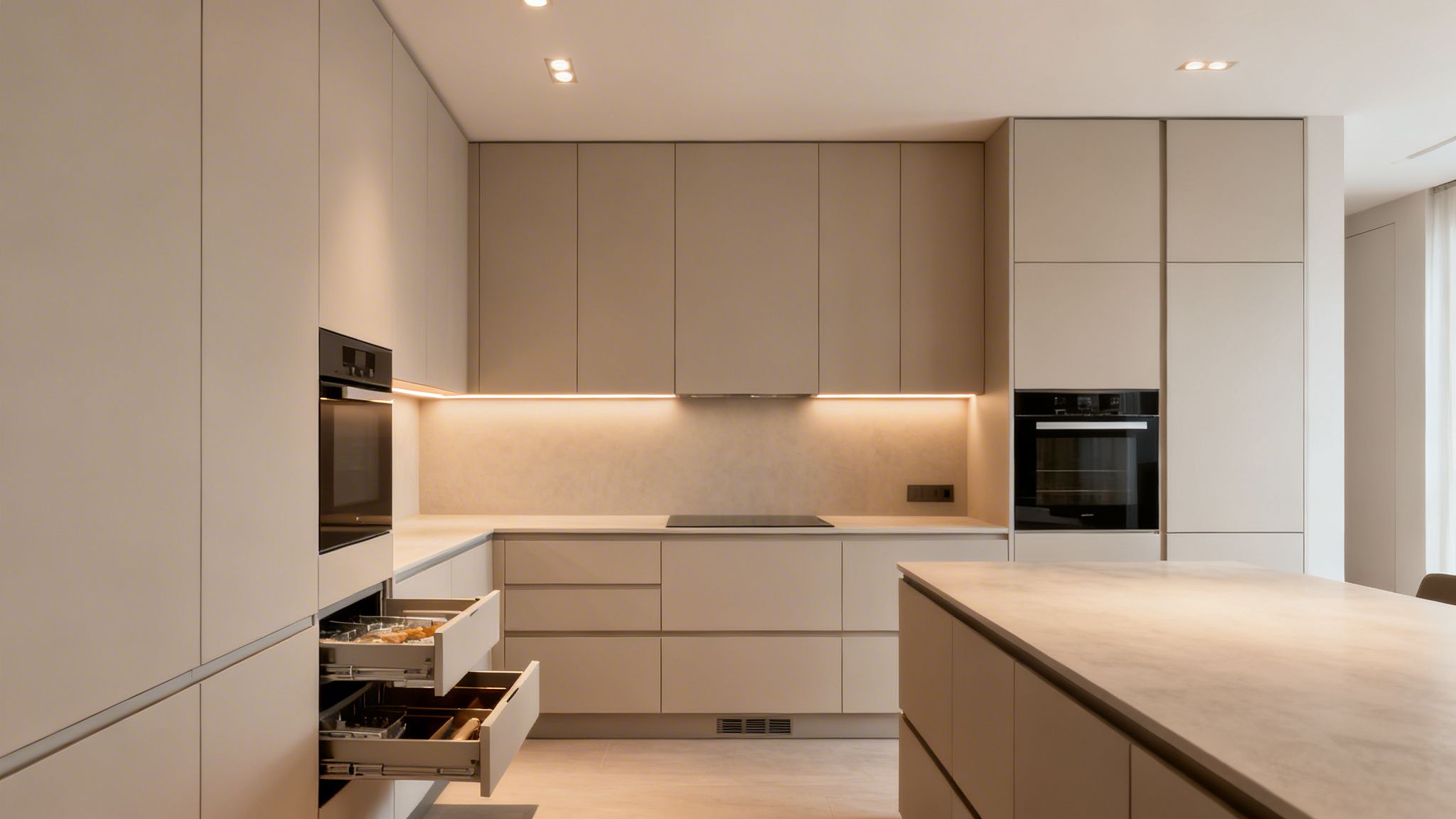 Cocina moderna de color beige con electrodomésticos empotrados, isla central y cajones abiertos, iluminada.