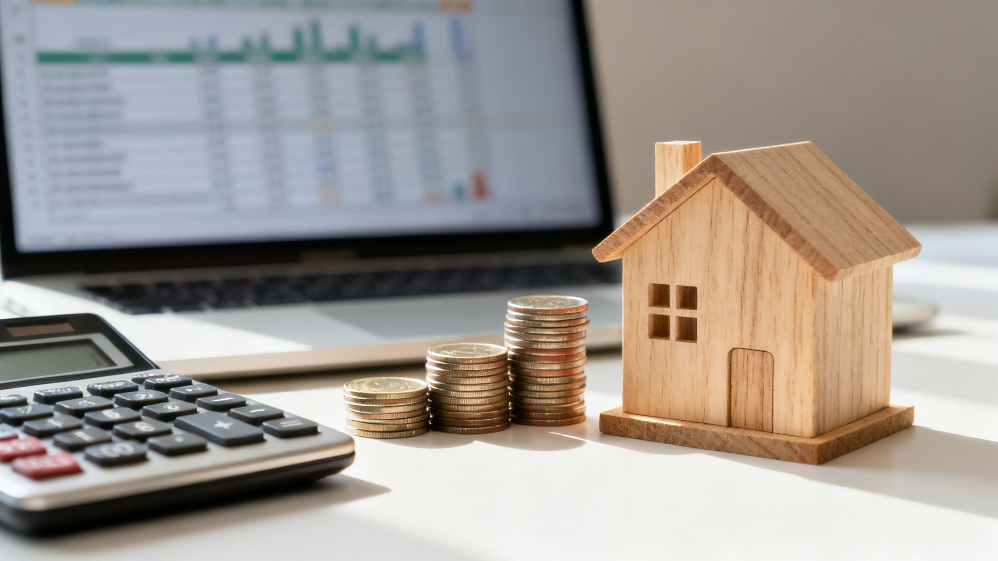 Pequeña casa de madera, pilas de monedas, calculadora y laptop para finanzas del hogar.