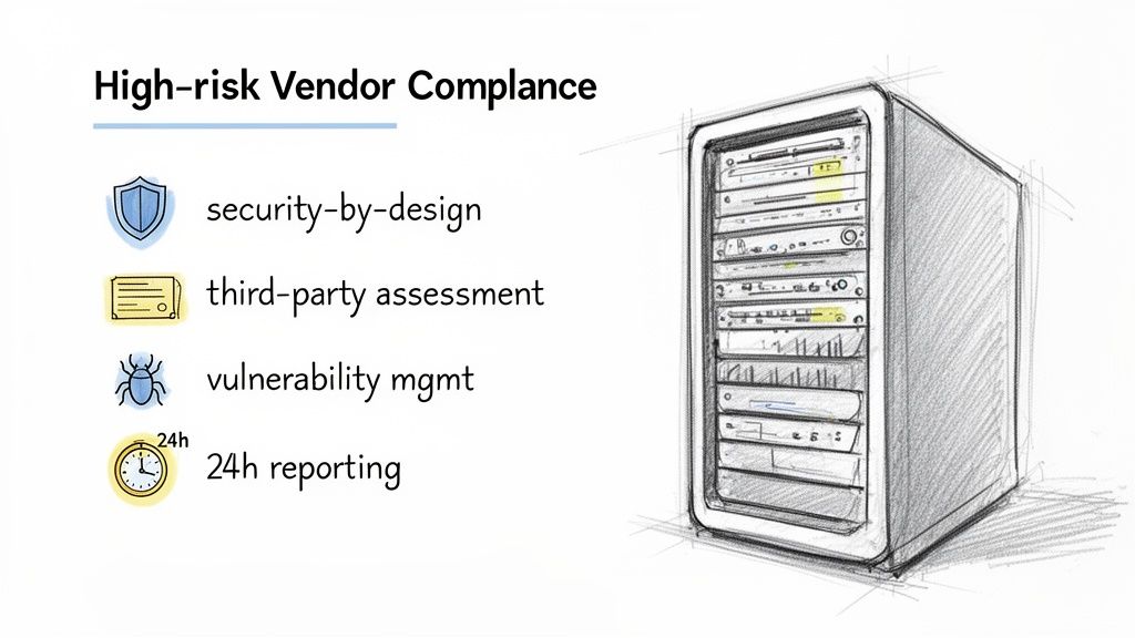Illustration outlining high-risk vendor compliance elements like security-by-design, vulnerability management, and 24h reporting, with a server.