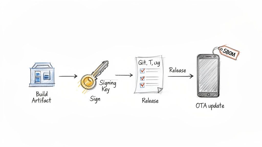 Diagram illustrating a secure software release process from build artifact signing to OTA update with an SBOM.