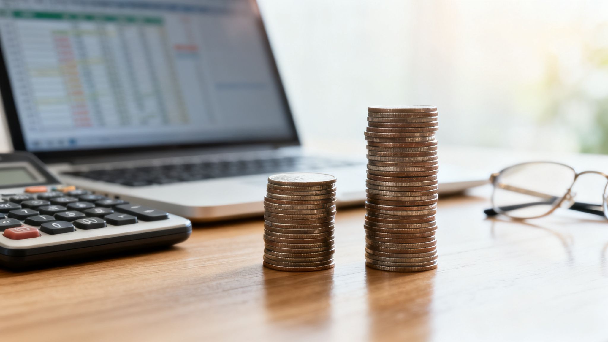 Calculadora, portátil con hoja de cálculo y pilas de monedas sobre escritorio de madera. Representa finanzas y ahorro.