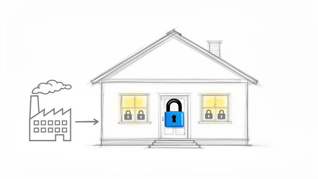 Illustration of a factory sending resources to a house with multiple locks on windows and door, symbolizing security.