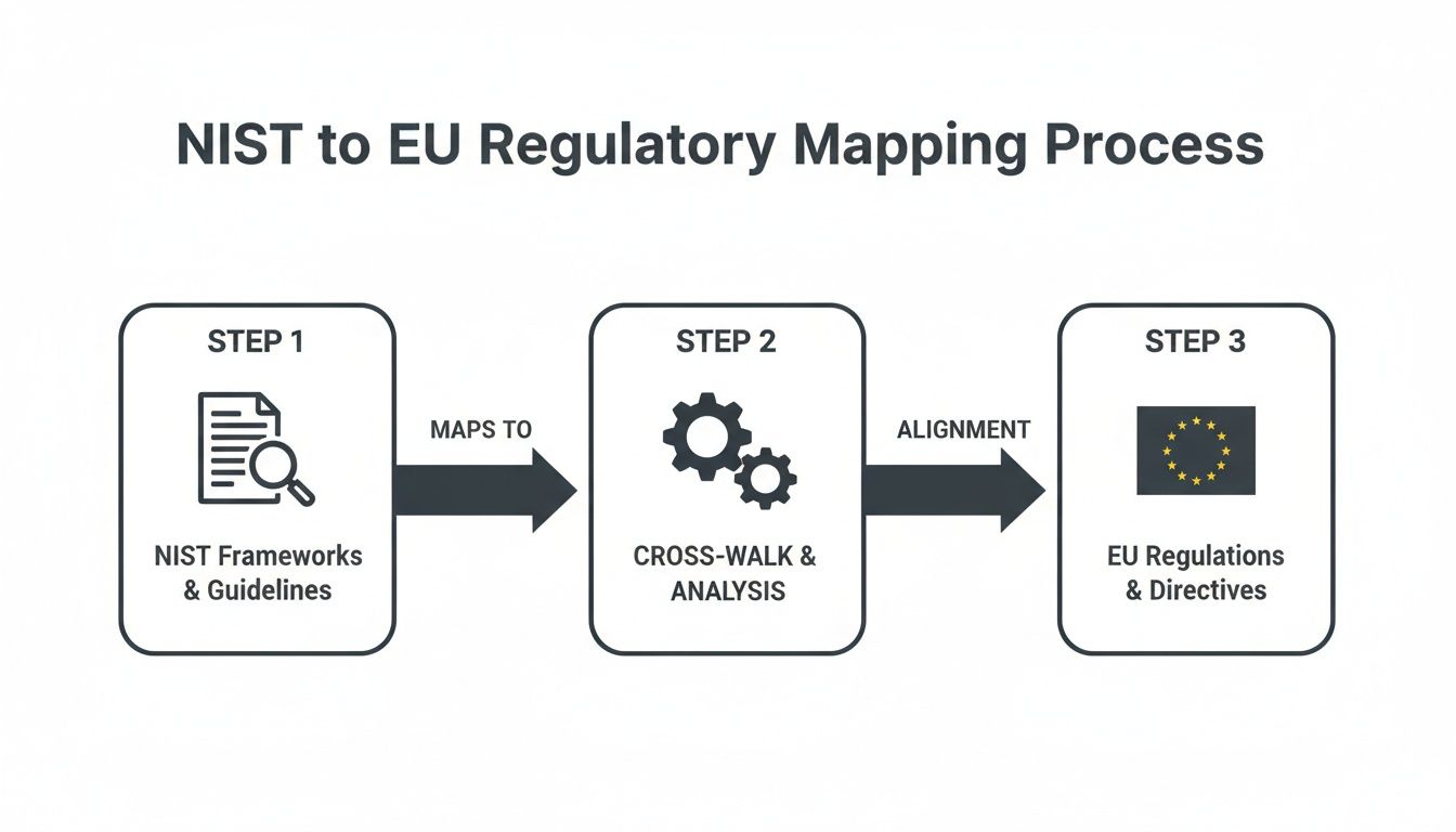 Diagram illustrating the three-step NIST to EU regulatory mapping process, from frameworks to analysis and directives.