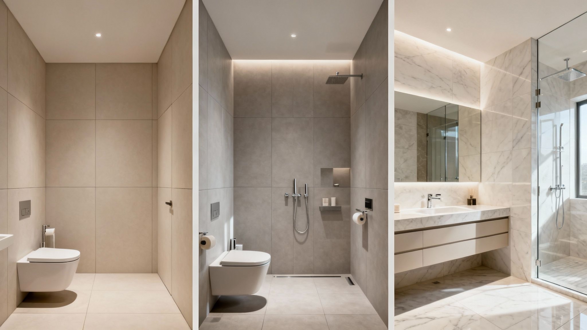 Tres baños modernos y elegantes con diseño minimalista, azulejos neutros y ducha de lluvia en un collage.