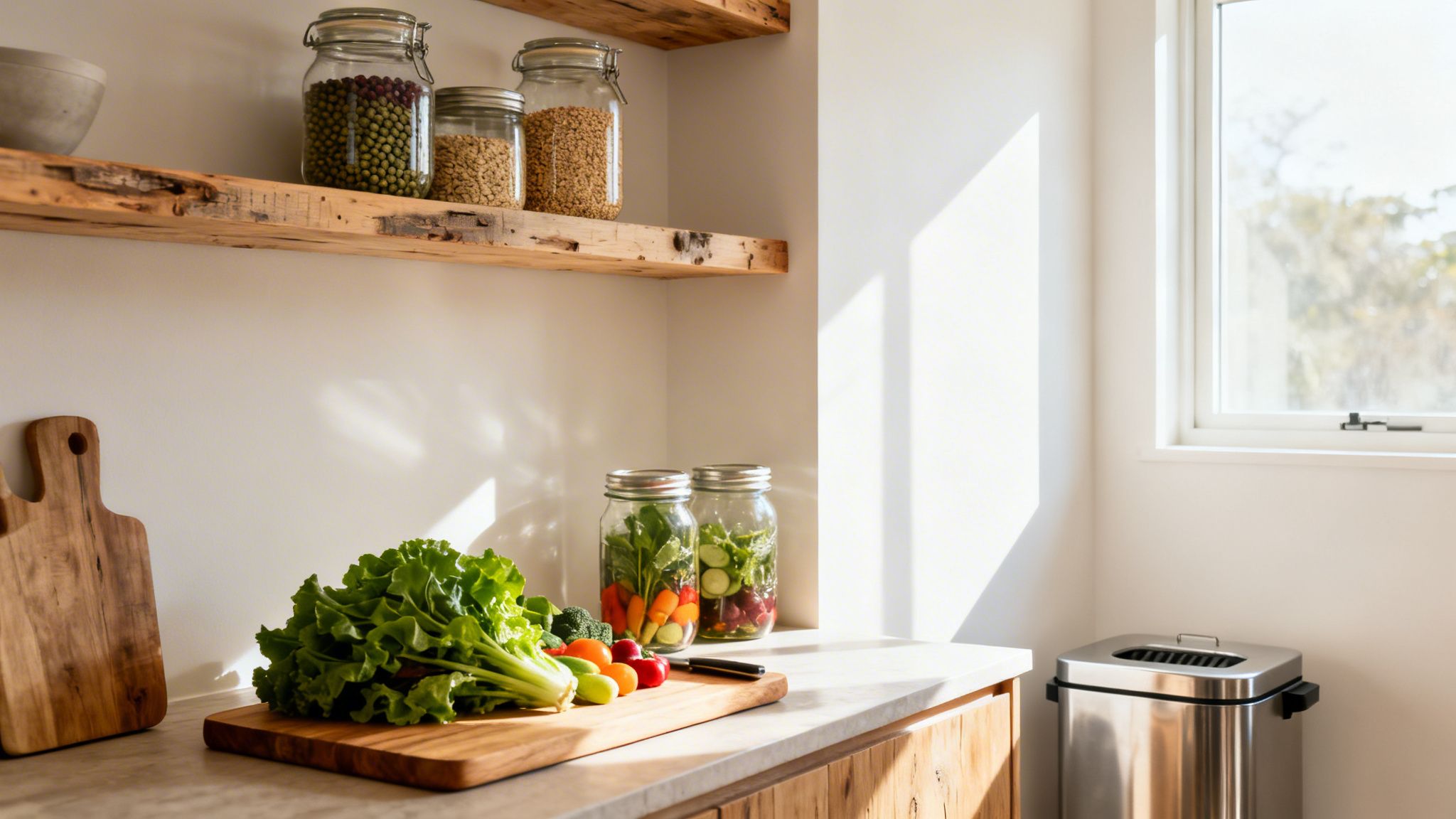 Cocina moderna y soleada con estantes de madera, vegetales frescos en la encimera y tarros de comida.
