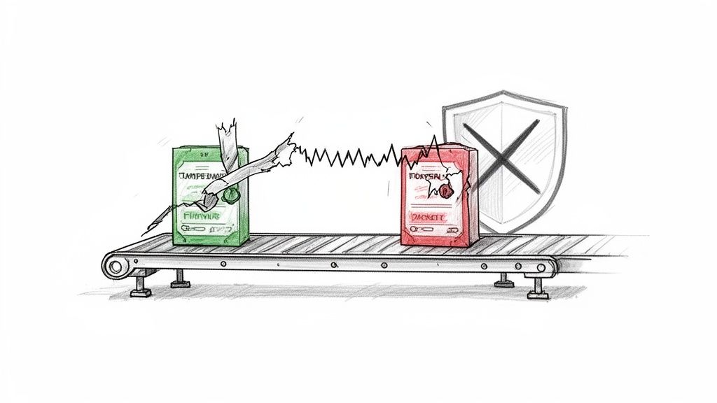 A tampered green box connected to a corrupted red packet on a conveyor belt, illustrating a security breach and failed defense.