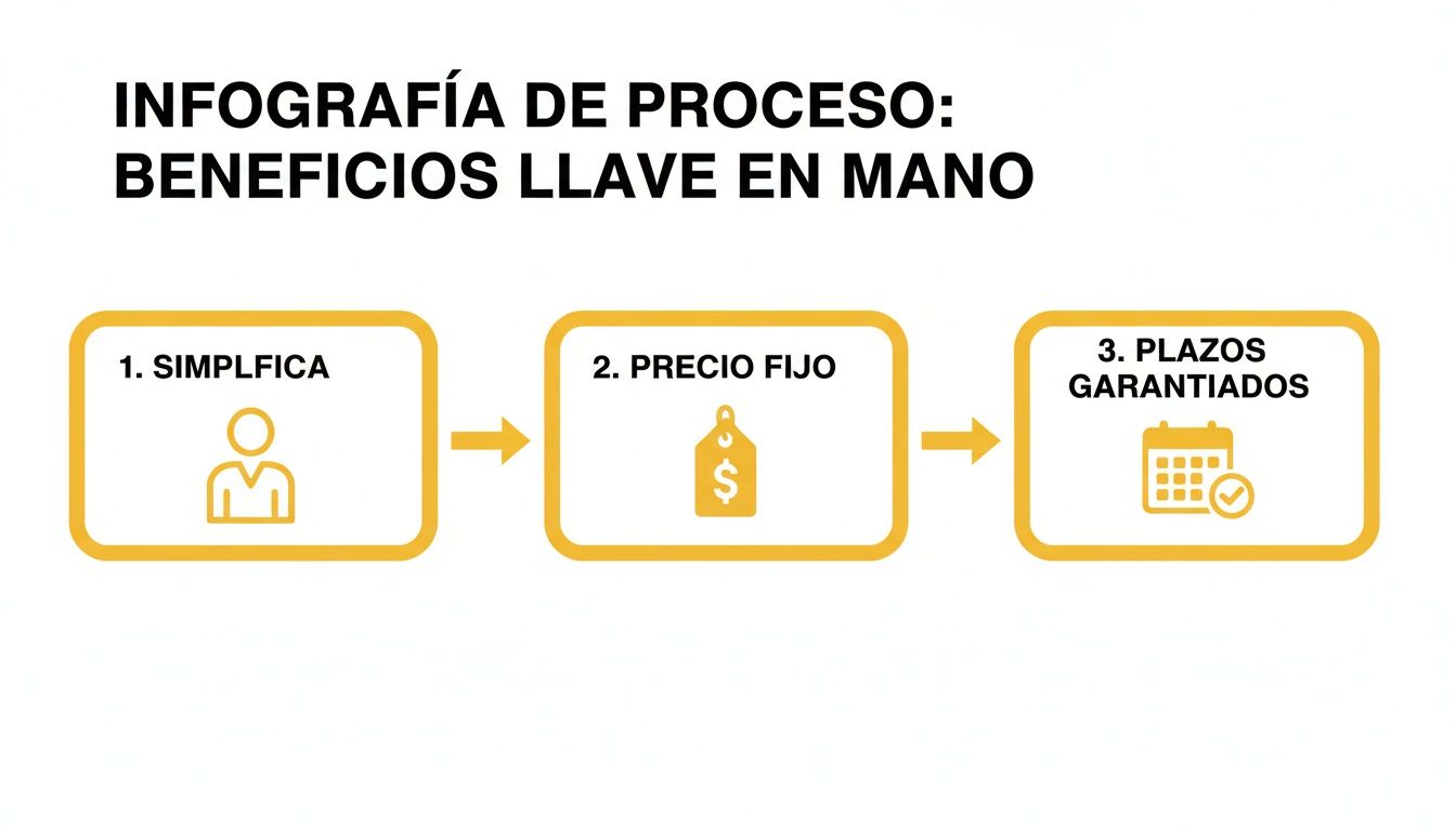 Infografía de proceso que destaca los beneficios llave en mano: simplificación, precio fijo y plazos garantizados.