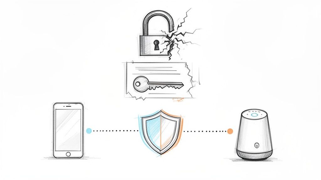 Illustration of security concepts: a broken lock, key, and a protected connection between a phone and smart device.
