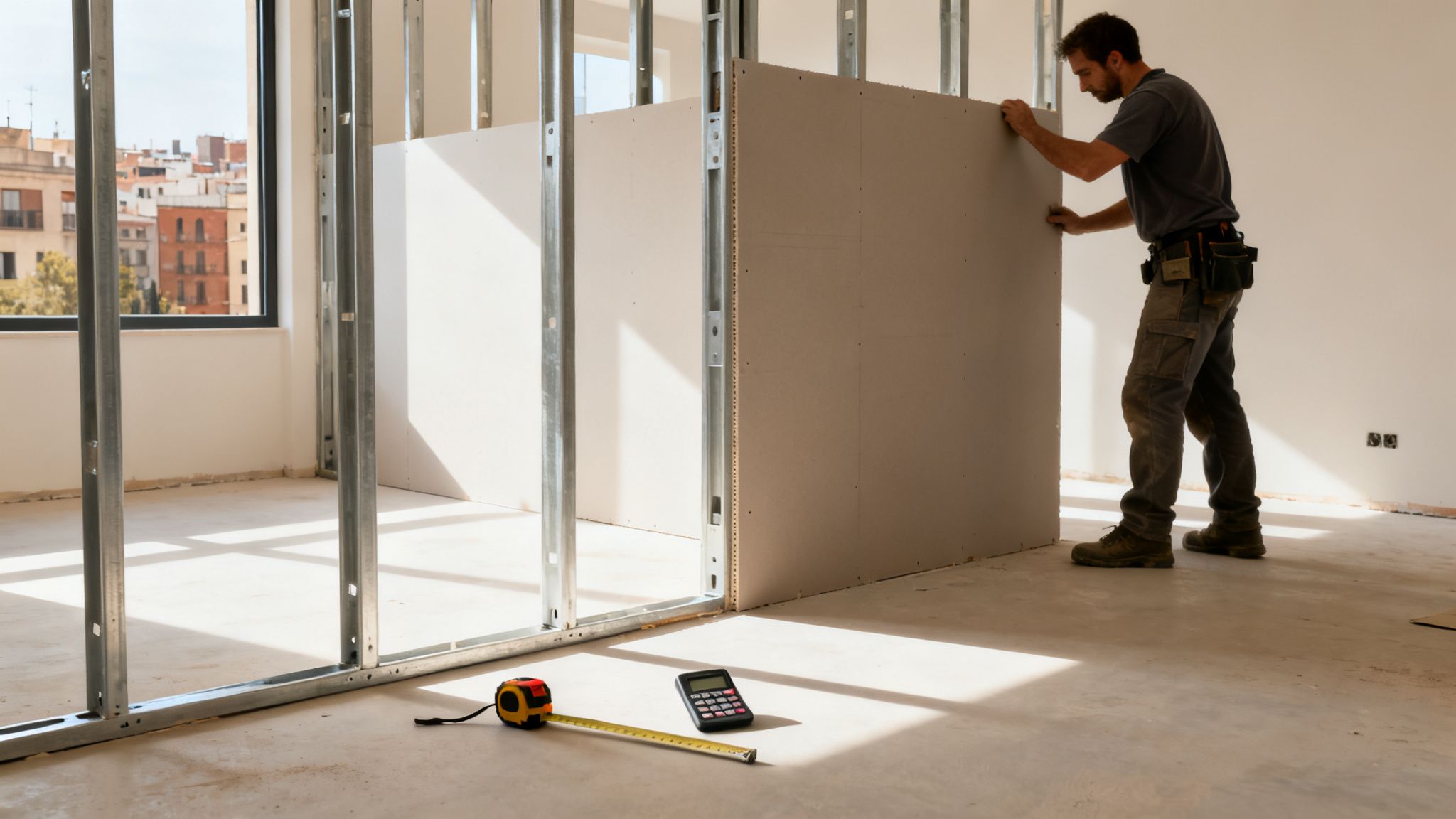 Un trabajador instala paneles de pladur en una estructura metálica en una habitación en construcción, con cinta métrica y calculadora en el suelo.