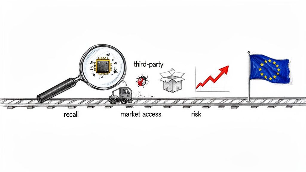 An illustration of a product's journey on train tracks towards the EU, highlighting chip, risk, and compliance.