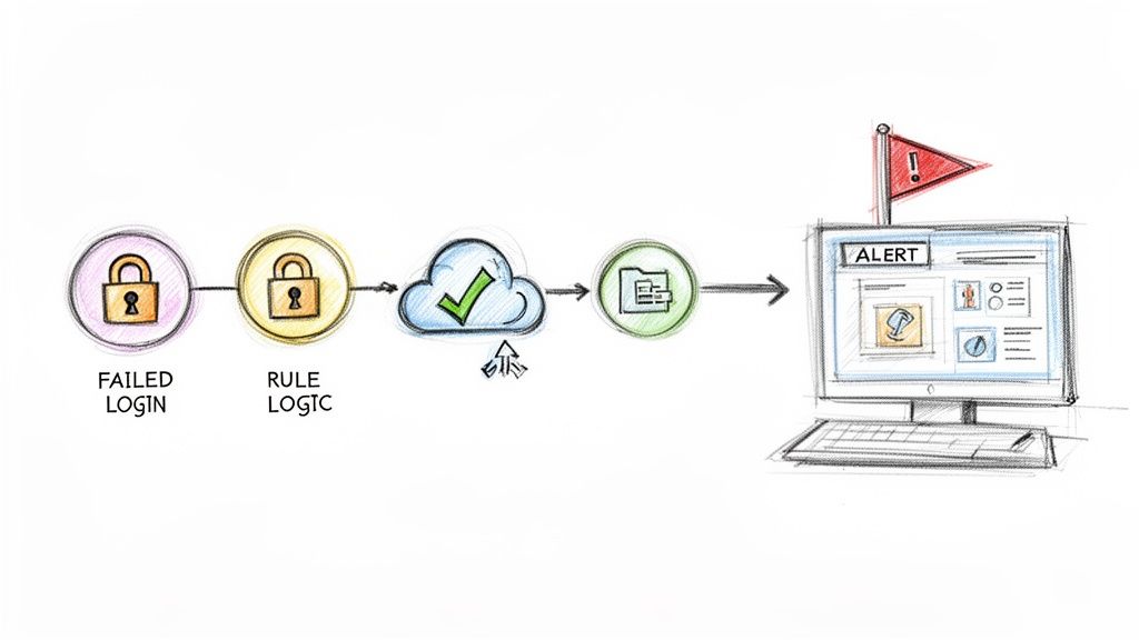 A flowchart illustrates a security alert system, from failed login to a cloud-based alert monitor.