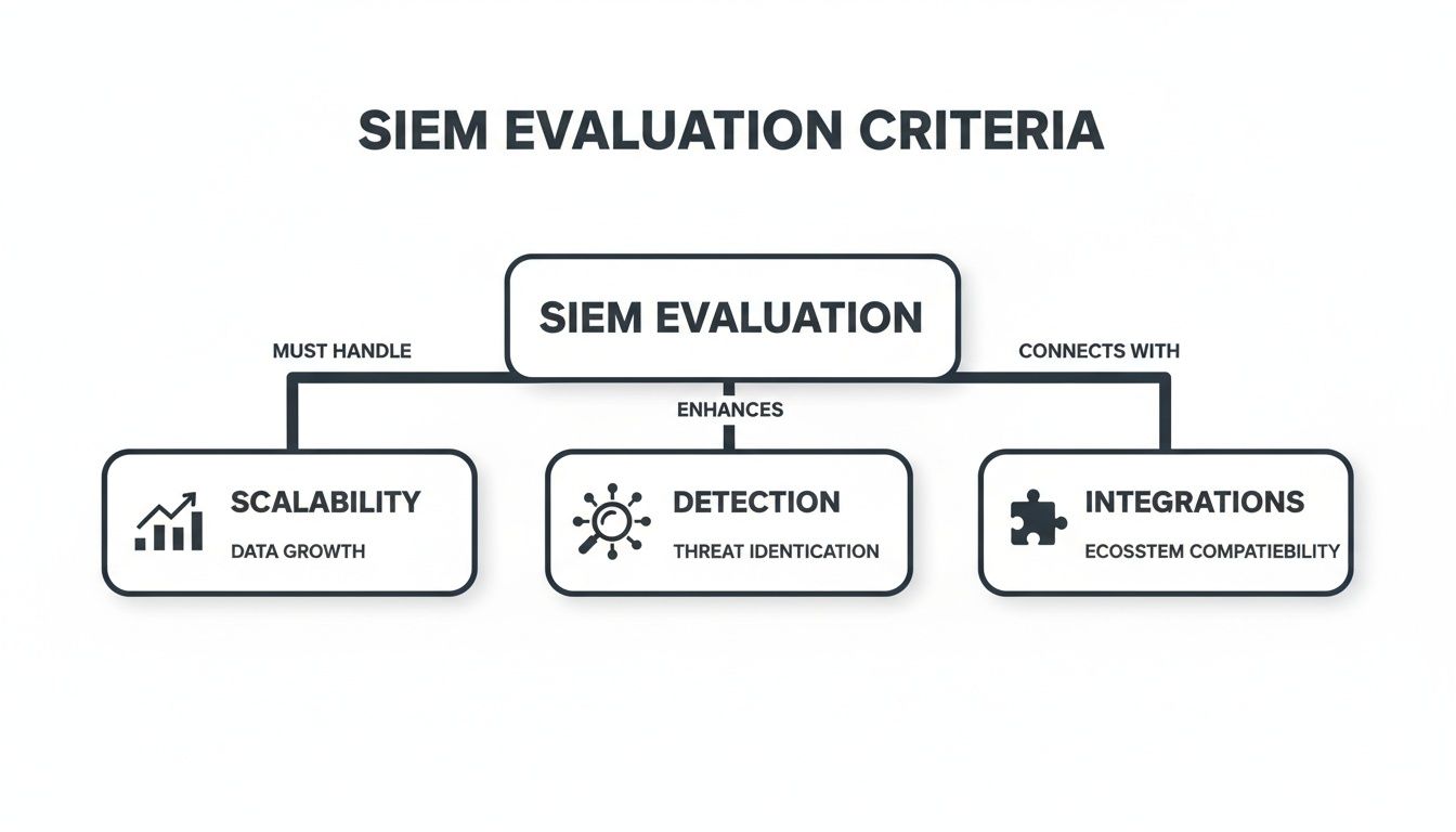 Flowchart illustrating SIEM evaluation criteria focusing on scalability, detection, and integrations for threat identification.