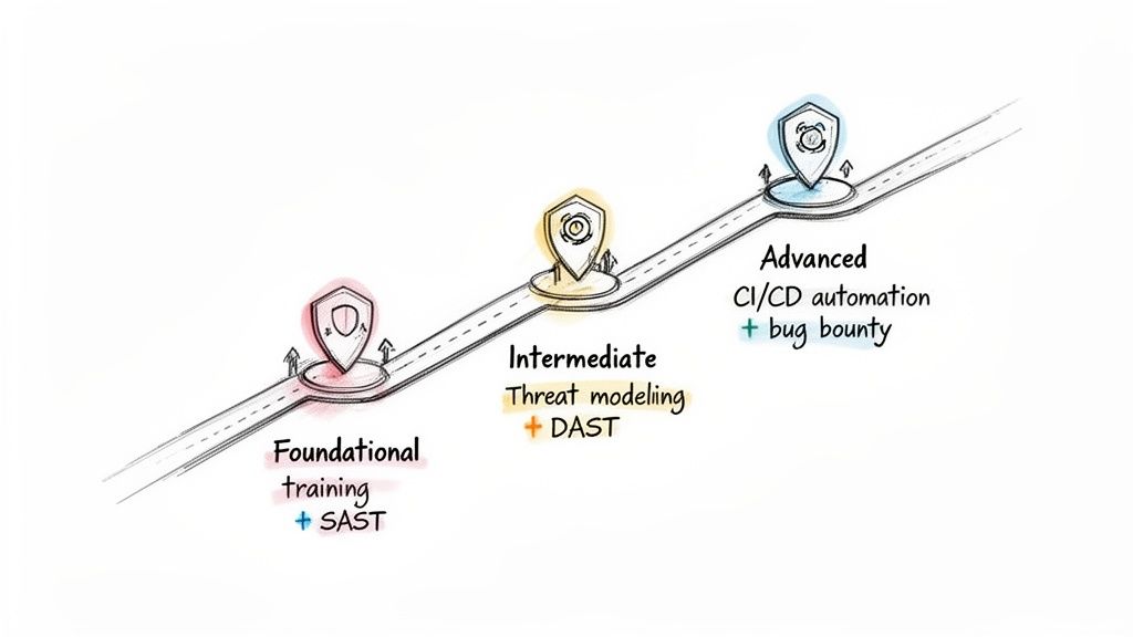 A roadmap illustrating the progression of secure software development from foundational training to advanced automation and bug bounty.