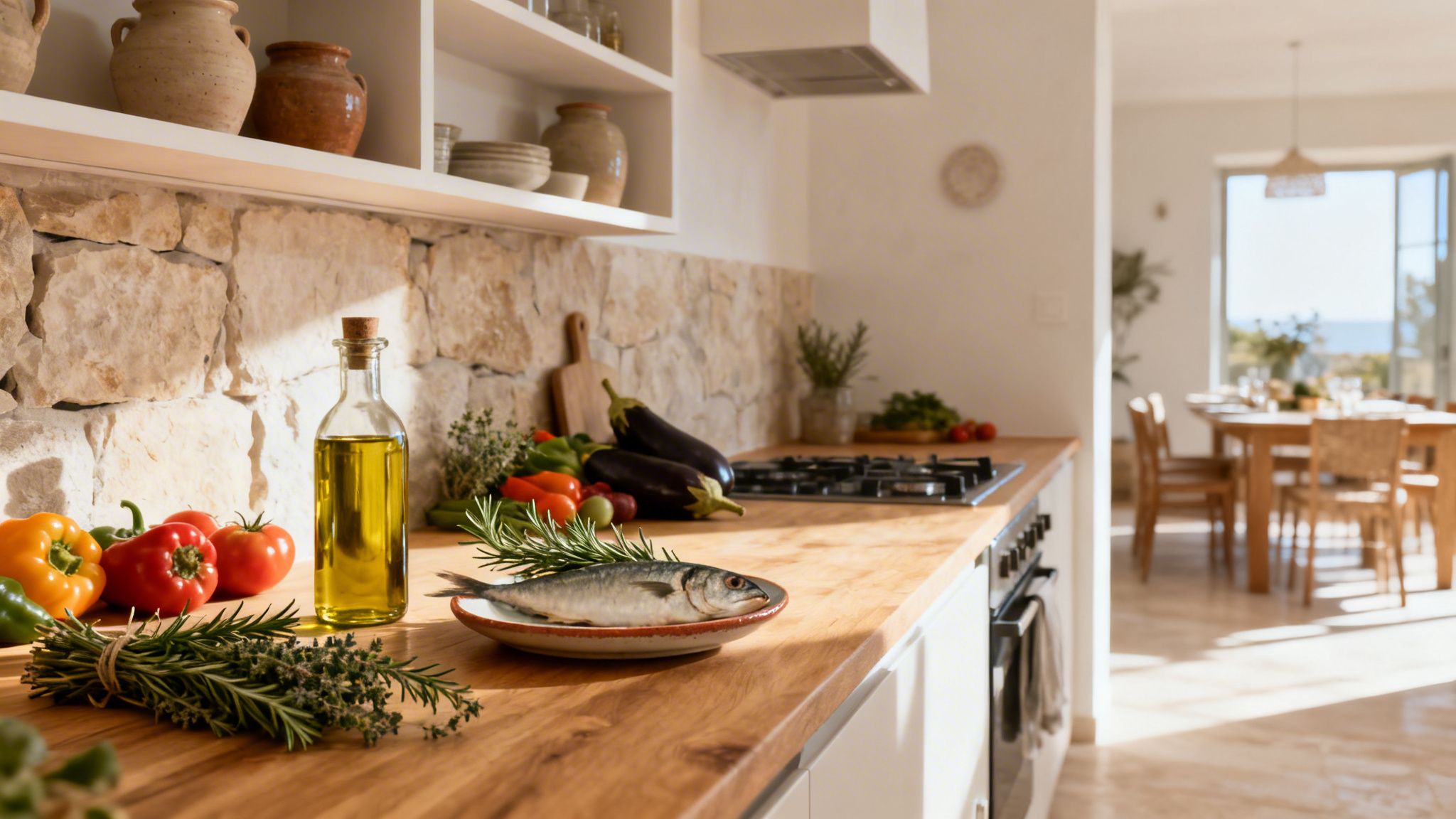 Cocina mediterránea luminosa con ingredientes frescos: pescado, verduras, hierbas y aceite de oliva en una encimera de madera.