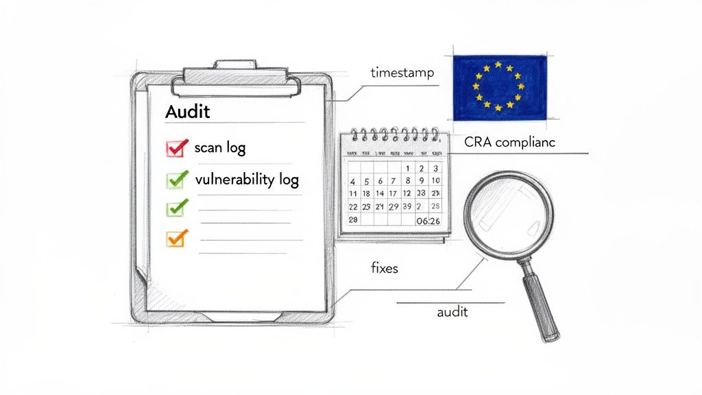 Conceptual drawing showing a security audit process with logs, compliance, timestamp, and fixes.