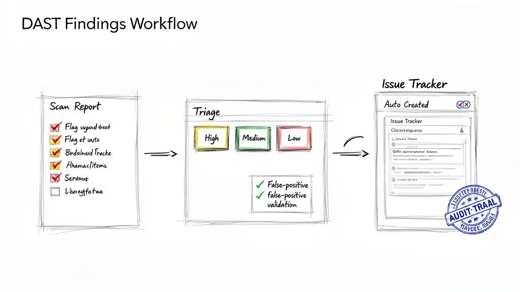 Hand-drawn DAST findings workflow diagram showing scan report, triage with priority levels, and auto-created issue tracker.