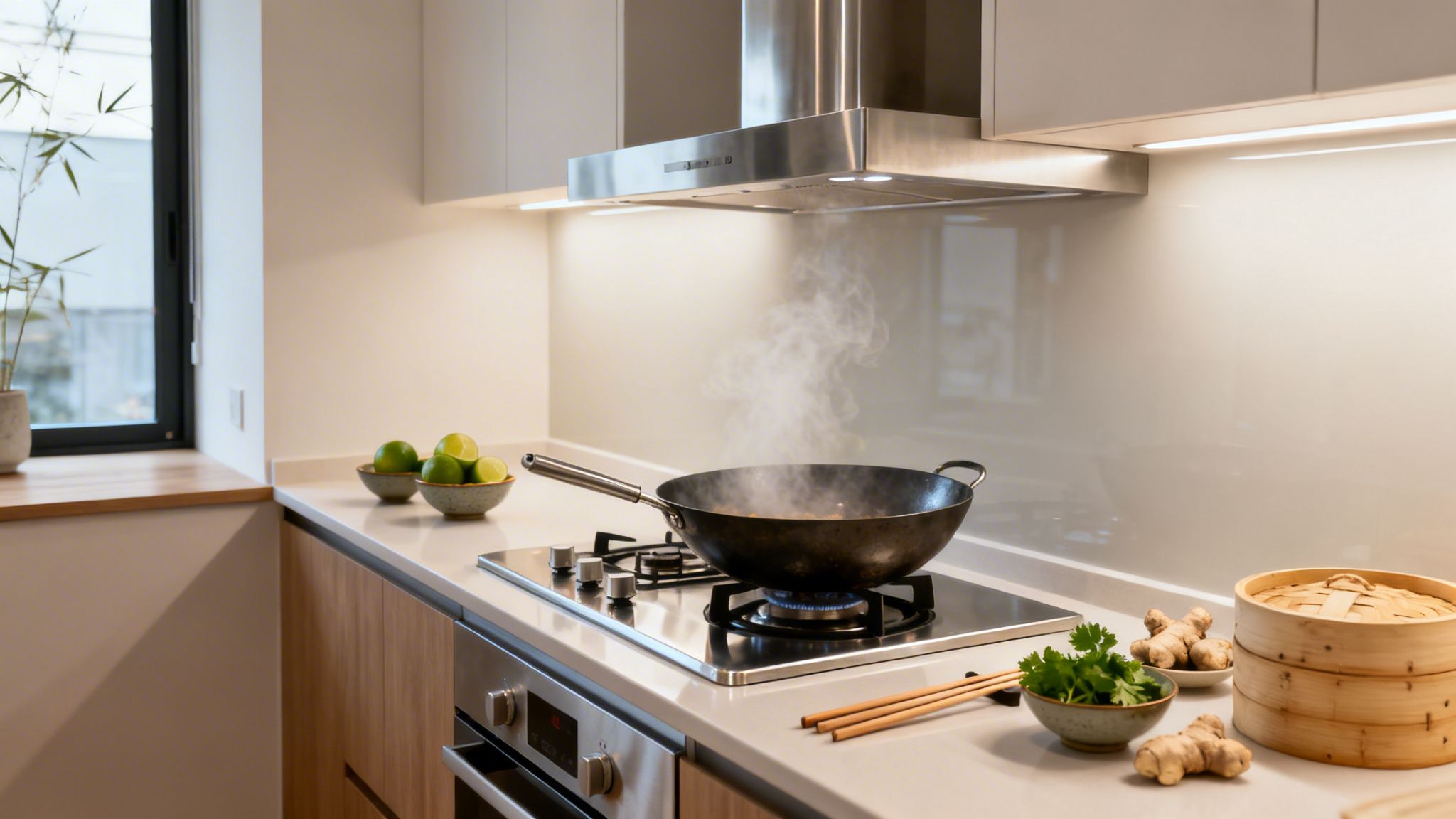 Cocina moderna y luminosa con wok humeante en la estufa, limas frescas y jengibre, lista para cocinar.
