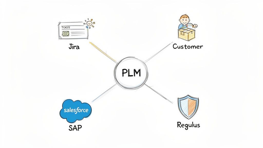 Diagram illustrating PLM connections and integrations with Jira, Customer, SAP, and Regulus systems.