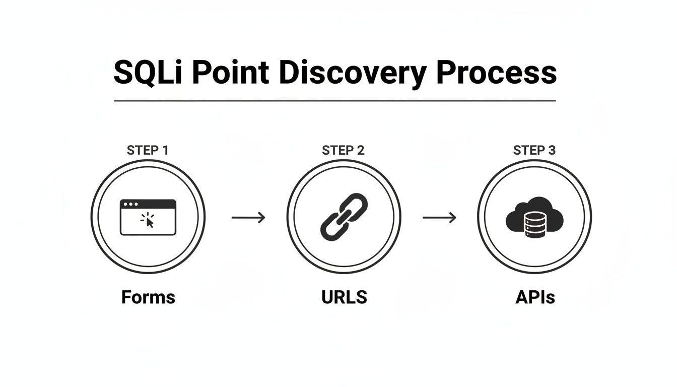 Diagram showing the SQLi Point Discovery Process with steps: Forms, URLs, and APIs.