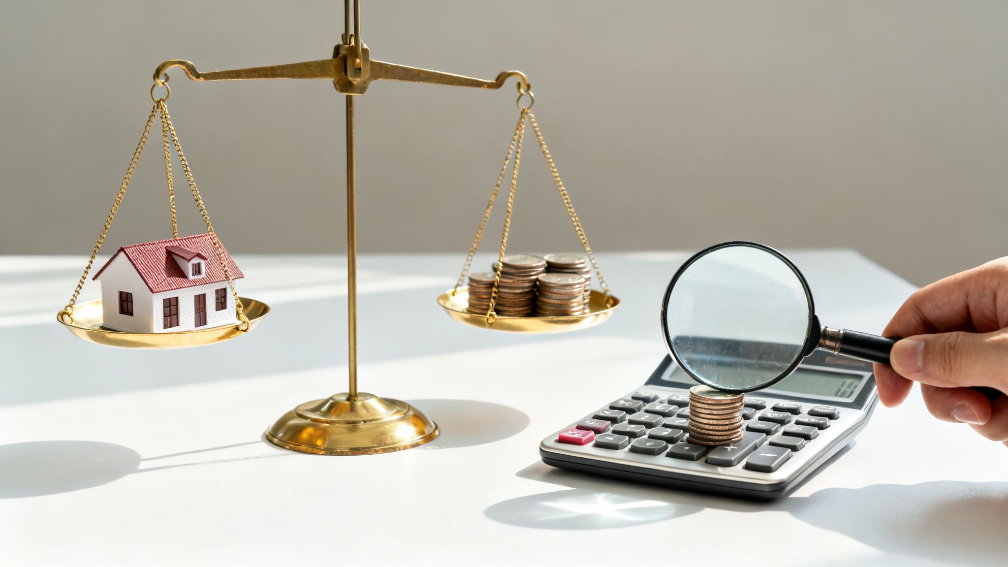 Una balanza compara el valor de una casa modelo con monedas, junto a una calculadora y lupa. Concepto de finanzas inmobiliarias.