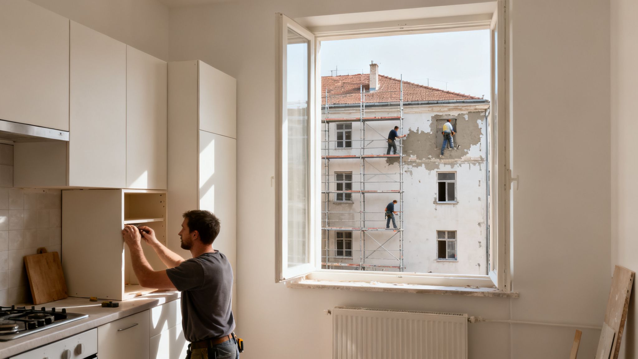 Un hombre instala muebles de cocina blancos mientras trabajadores renuevan la fachada de un edificio antiguo visible por la ventana.