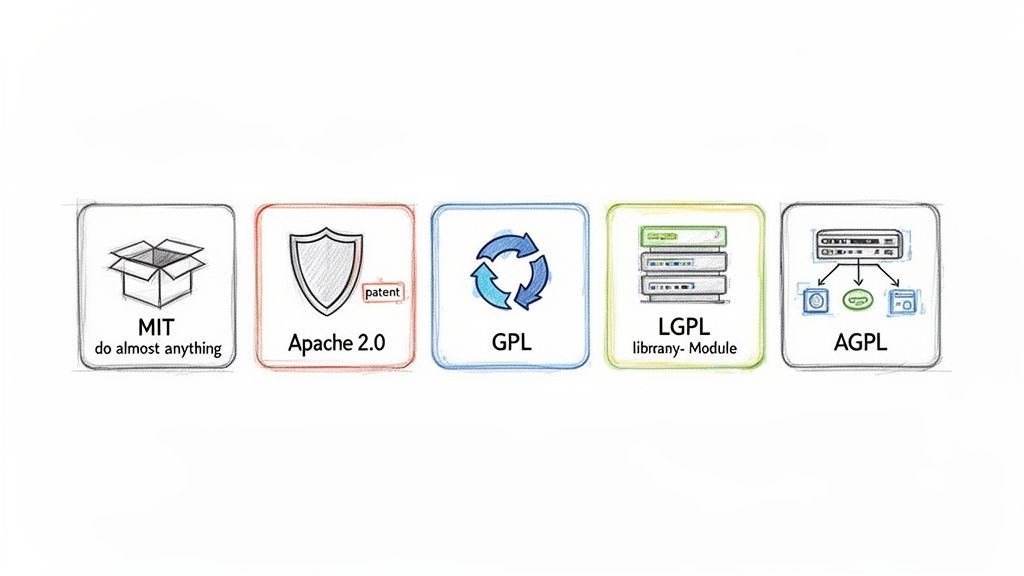 A visual comparison of five open-source licenses: MIT, Apache 2.0, GPL, LGPL, and AGPL.