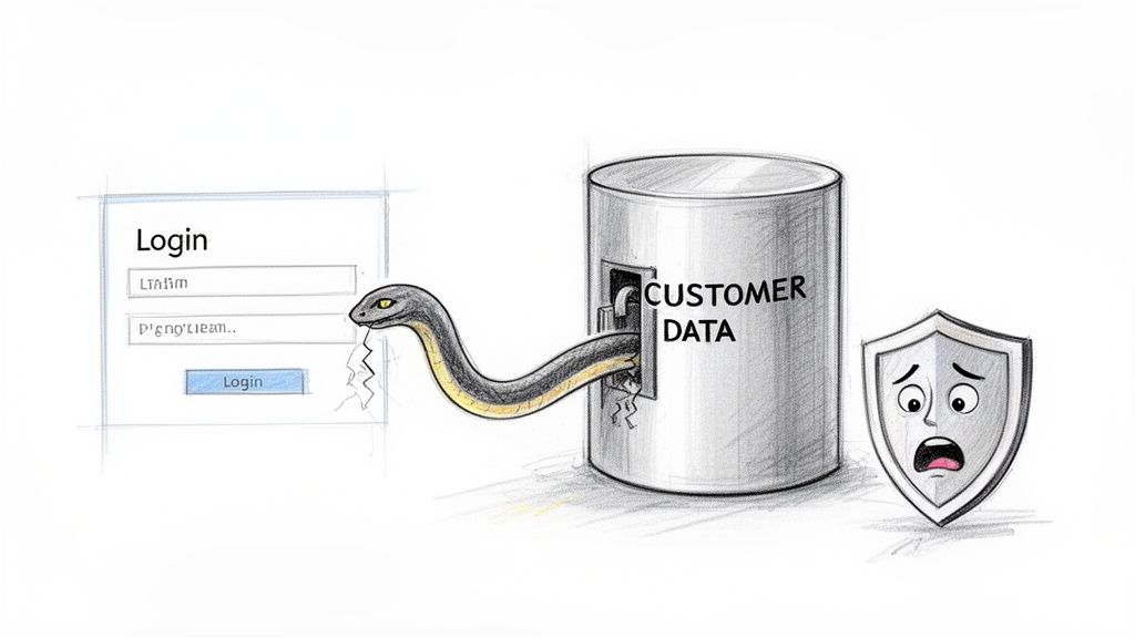 A snake exploits a login form to steal customer data, scaring a security shield.