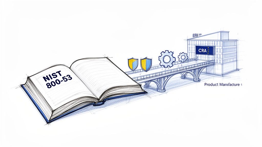 Illustration depicting NIST 800-53 compliance guiding secure product manufacturing, shown with a book, bridge, and building.