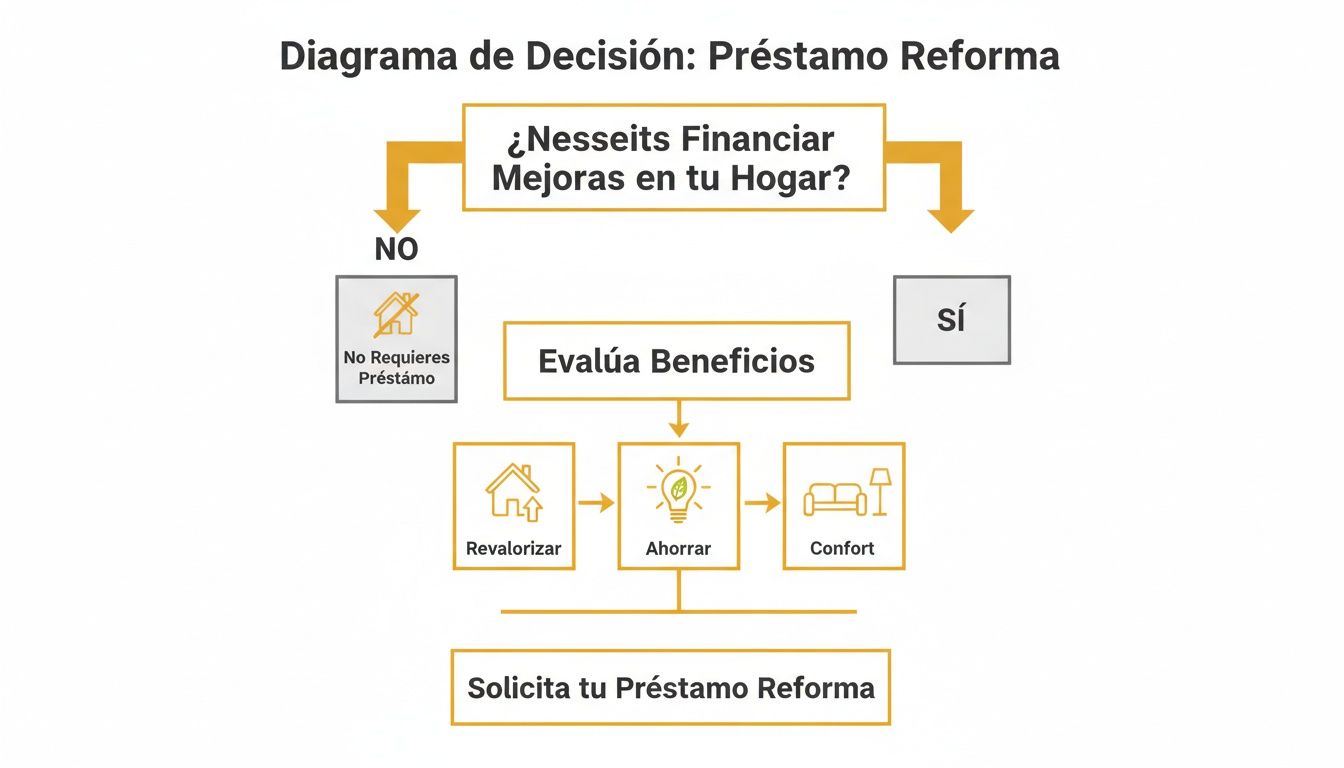 Diagrama de decisión para un préstamo de reforma, mostrando opciones si necesitas financiar mejoras en tu hogar para revalorizar, ahorrar o confort.