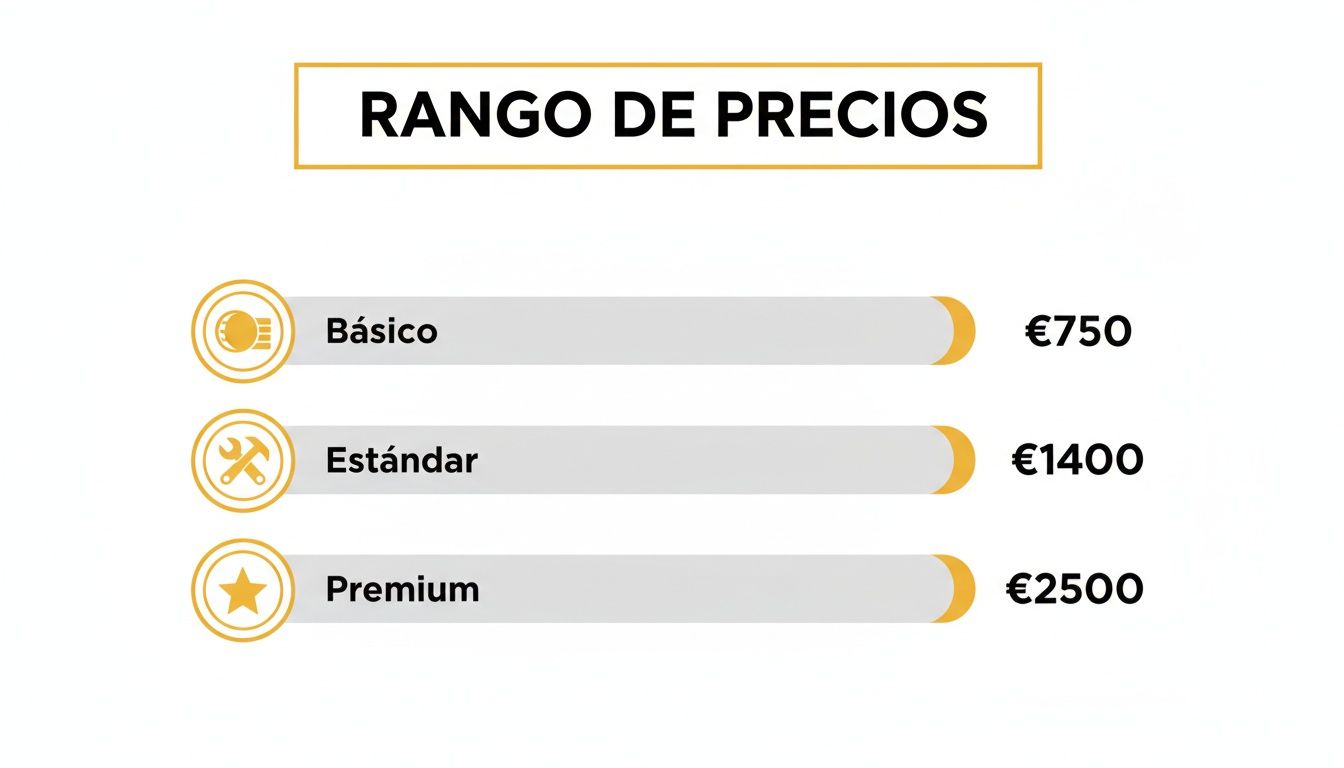 Rangos de precios para servicios: Básico 750€, Estándar 1400€, y Premium 2500€.