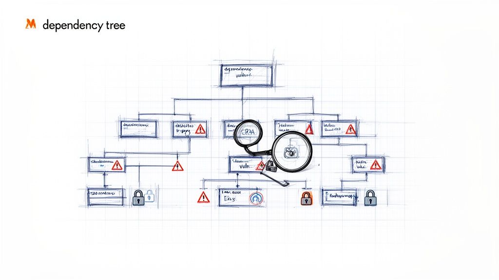 Hand-drawn dependency tree diagram showing dependencies, security locks, and warning signs.