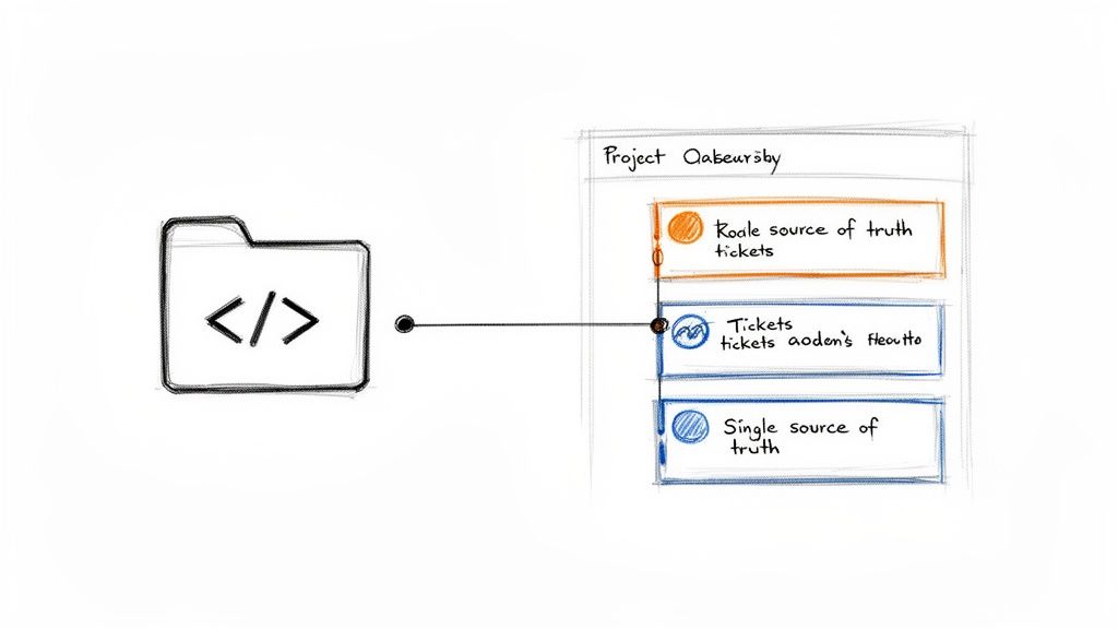 A diagram illustrates a code folder connected to project tickets within a development workflow.