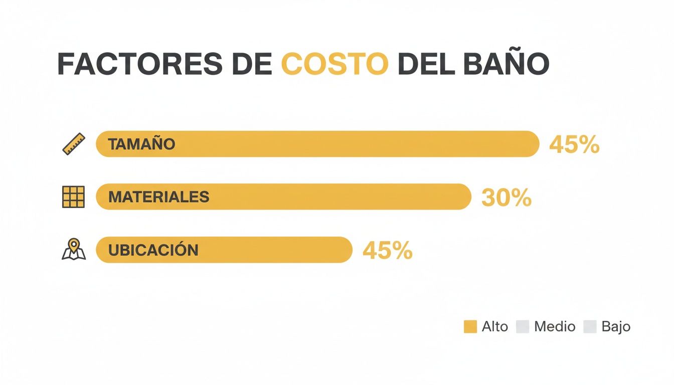 Gráfico de barras mostrando los factores de costo de un baño: tamaño (45%), materiales (30%) y ubicación (45%).