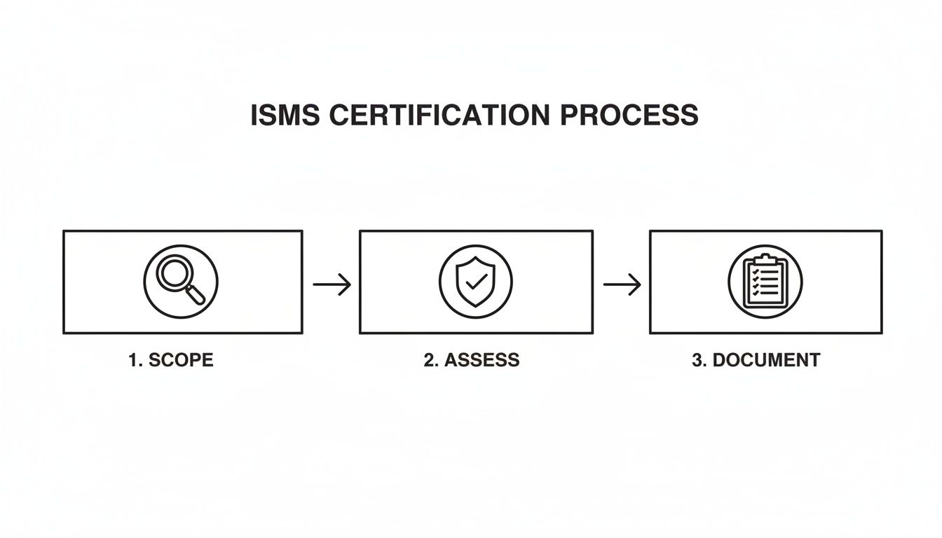 Flowchart outlining the ISMS certification process with three key steps: Scope, Assess, and Document.