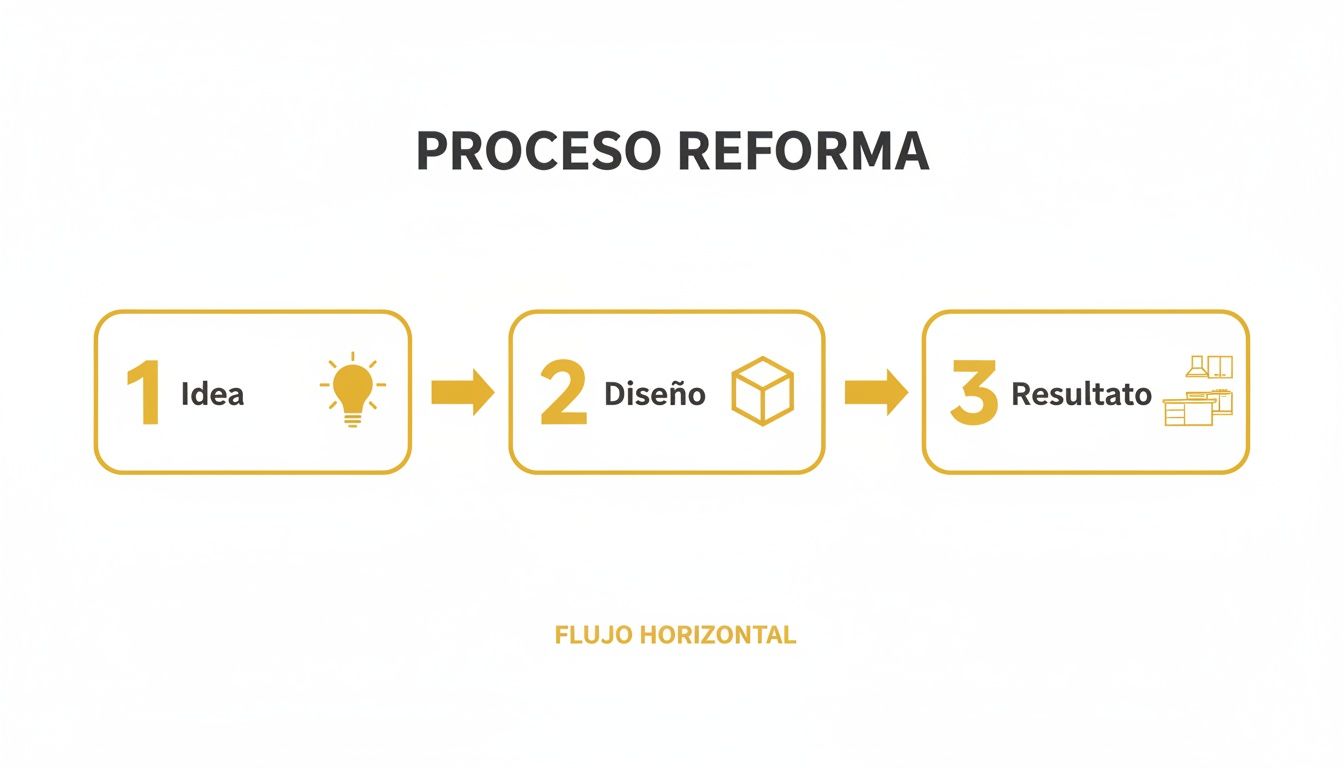 Diagrama horizontal que muestra el proceso de reforma en tres etapas: idea, diseño y resultado, con íconos representativos.