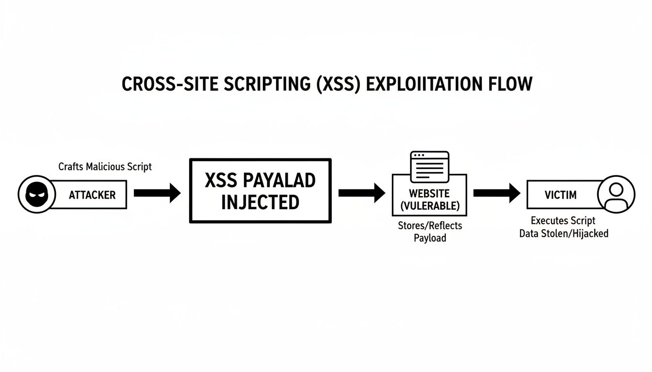 Flowchart illustrating a Cross-Site Scripting (XSS) attack where an attacker injects a payload into a vulnerable website, affecting the victim.