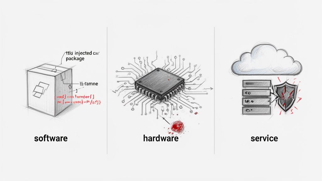 Three panels illustrate supply chain attack vulnerabilities in software, hardware, and cloud services with broken security.