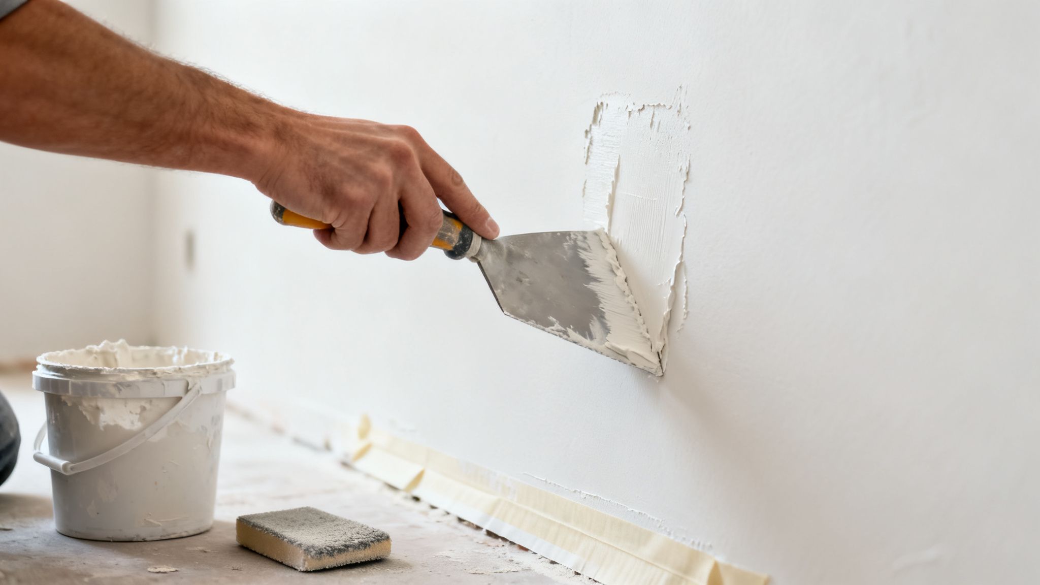 Un hombre aplica masilla blanca a una pared con una espátula. Hay un cubo de masilla y una esponja de lijar en el suelo.