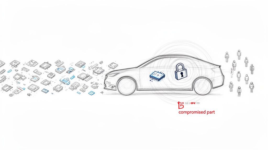 Illustration depicting electronic components leading to a car with a compromised chip, symbolizing automotive cybersecurity risks.