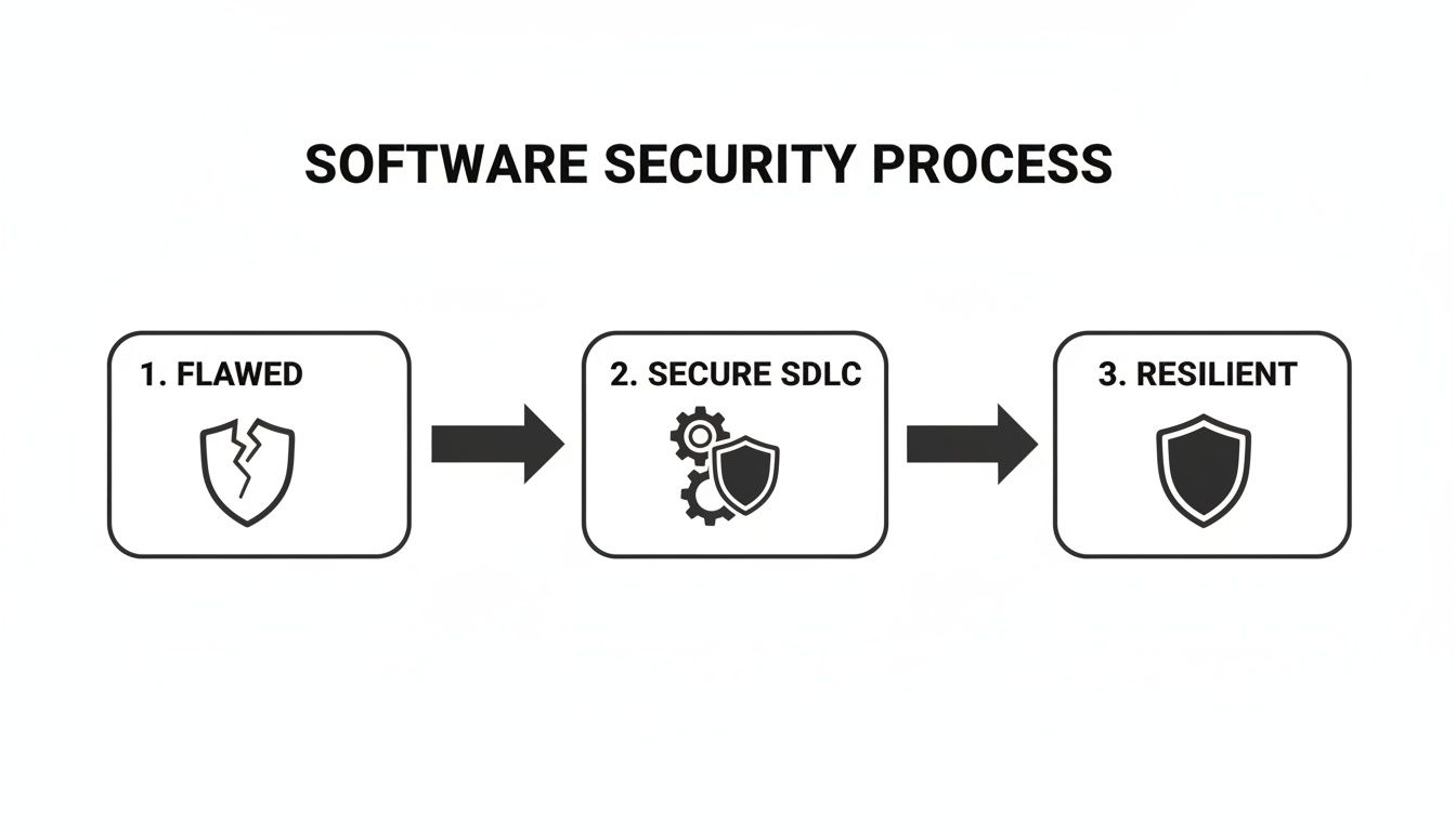 A diagram illustrating the software security process, moving from a flawed state to a resilient one via a secure SDLC.