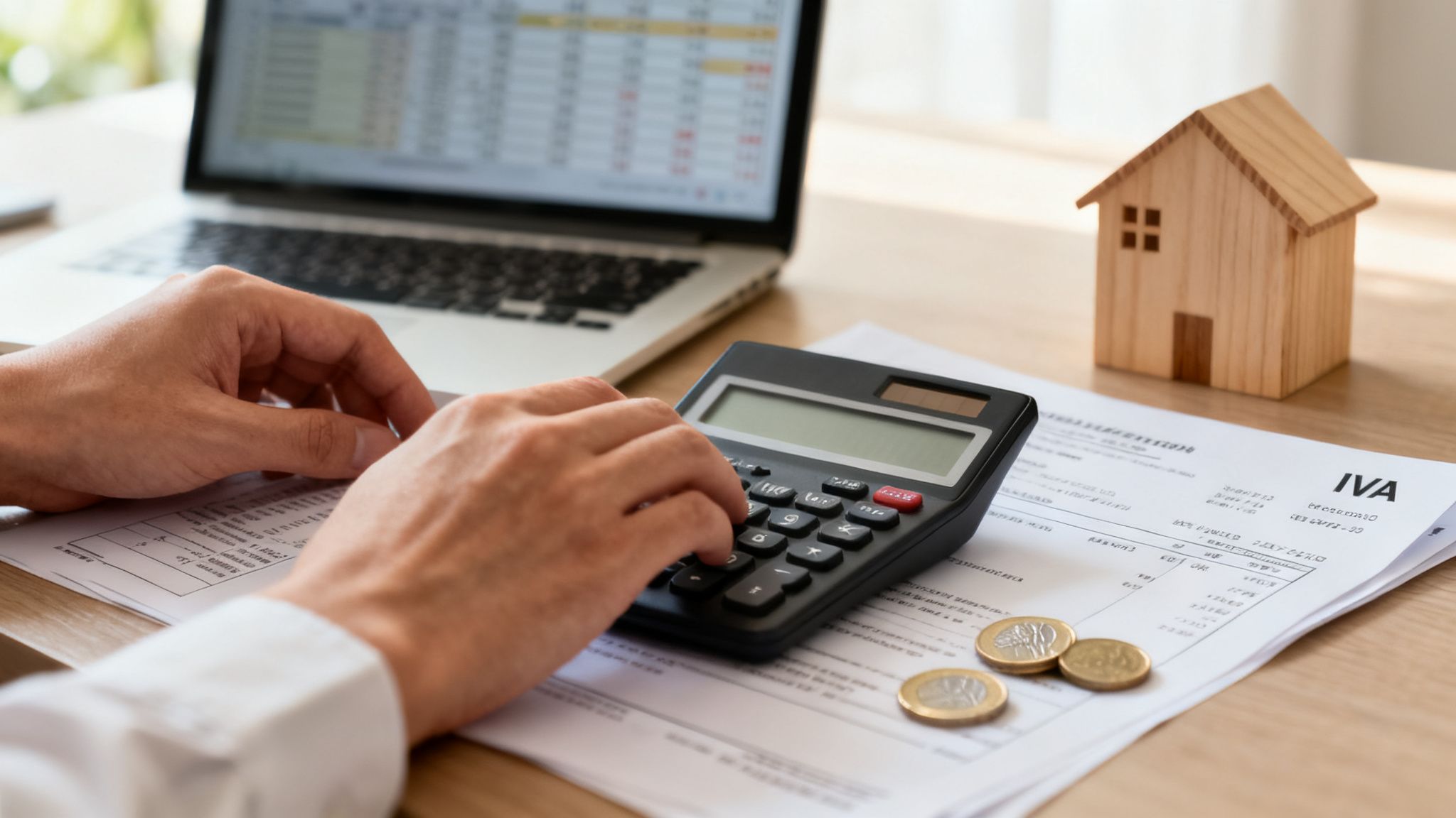 Manos calculando el IVA en documentos con una calculadora, portátil y modelo de vivienda.