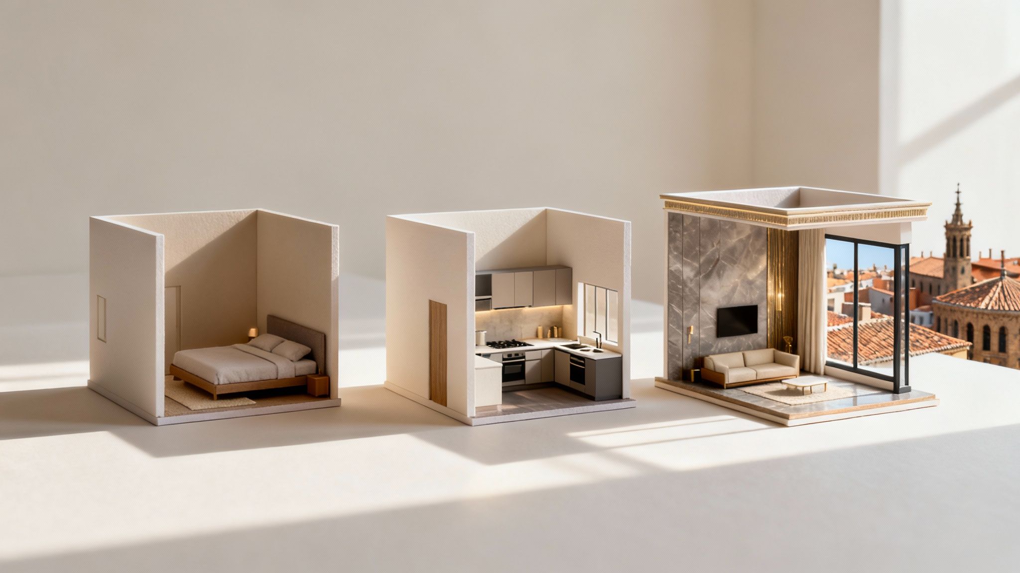 Tres modelos en miniatura de habitaciones: un dormitorio, una cocina moderna y una sala de estar con vistas a la ciudad.