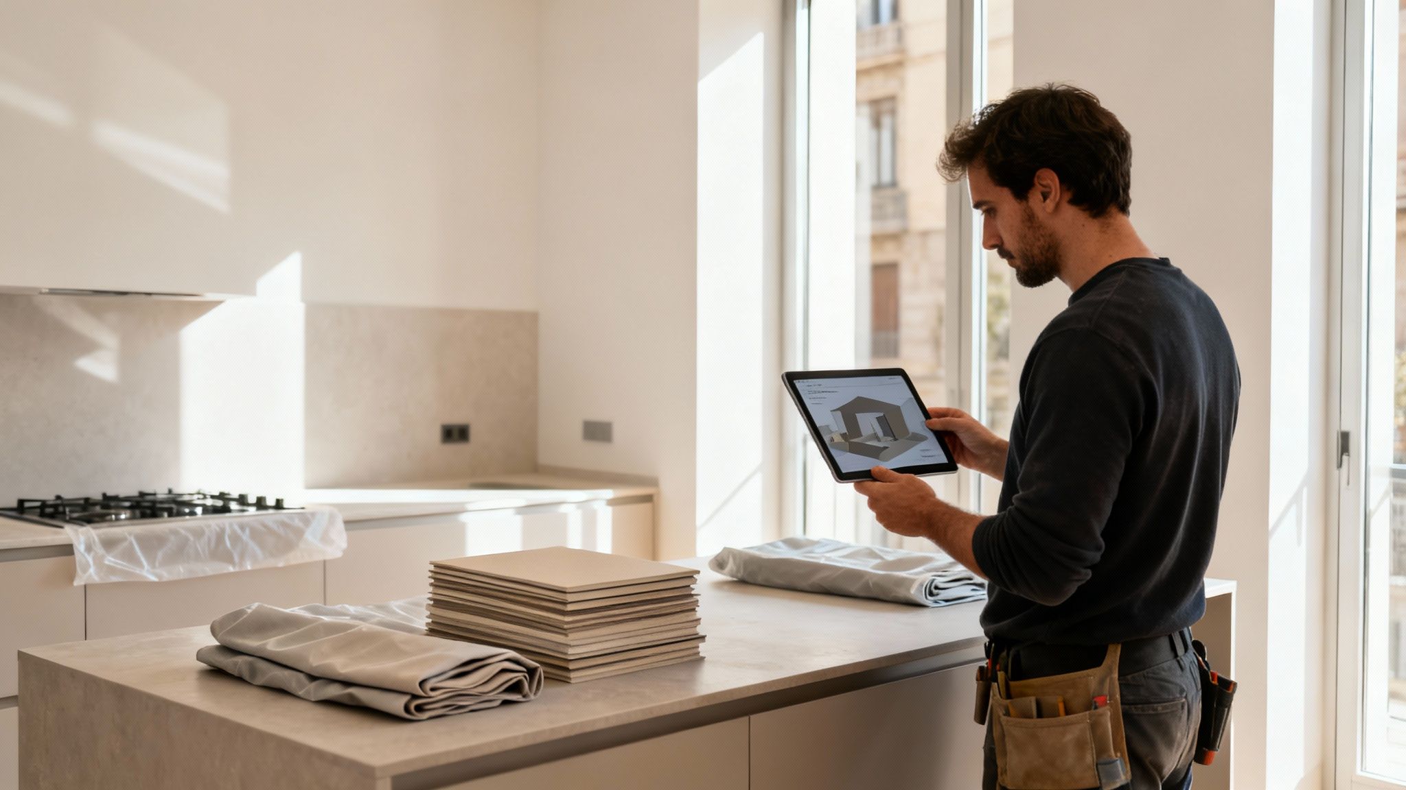 Hombre en cocina moderna en reforma, revisando planos 3D en tablet, con materiales de construcción listos.